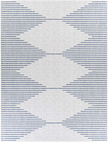 Close-up of the Stephan Blue & Cream Outdoor Rug. Features a modern, geometric pattern in shades of blue and off-white. Design-Rectangle-710102