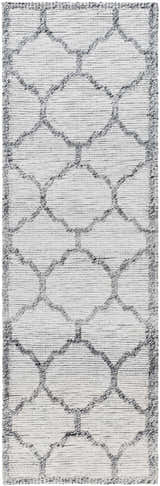 Close-up of the hand woven Dido Area Rug. Charcoal gray geometric pattern on a silverton background. Design-Runner-268