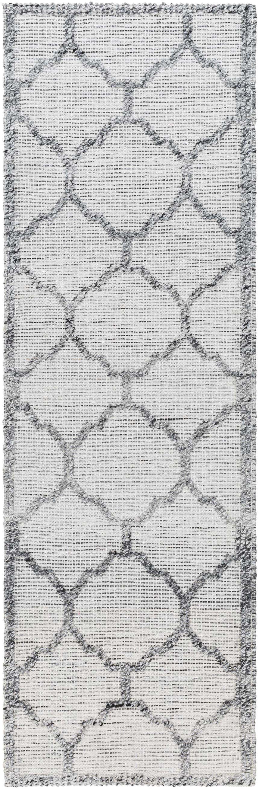 Close-up of the hand woven Dido Area Rug. Charcoal gray geometric pattern on a silverton background. Design-Runner-268