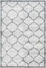 Close-up of the hand woven Dido Area Rug in charcoal and gray with a traditional quatrefoil pattern. Design-Rectangle-576
