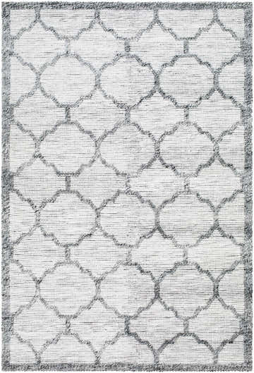 Close-up of the hand woven Dido Area Rug in charcoal and gray with a traditional quatrefoil pattern. Design-Rectangle-576