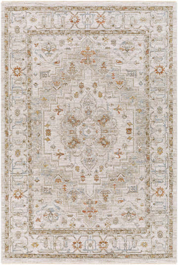 Close-up of the Dieppe Thick Luxe Statement Rug. Beige rug with brick red, charcoal, and denim traditional pattern. Design-Rectangle-575