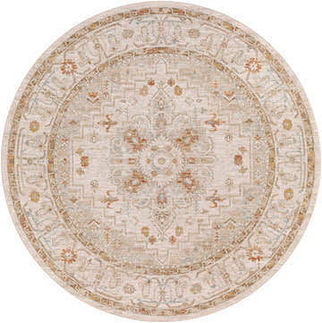Close-up of the round Dieppe Thick Luxe Statement Rug. Beige rug with brick red, charcoal, and light gray traditional pattern. Design-Round-67