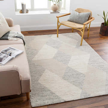 Living room with a cloud gray Dilys Luxe Rug, beige sofa, and woven chair. Roomscene-Rectangle