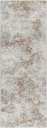Close-up of the Dinos Thick Luxe Rug. Abstract design in gray, light blue, and nutmeg hues. Contemporary style. Design-Runner-2710
