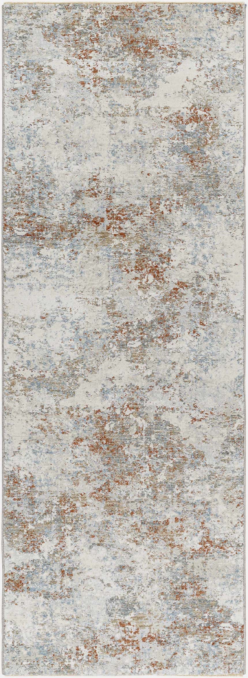Close-up of the Dinos Thick Luxe Rug. Abstract design in gray, light blue, and nutmeg hues. Contemporary style. Design-Runner-2710