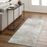 Living room scene with a Dinos Thick Luxe Rug in gray, brown, and nutmeg colors on hardwood floors. Modern sofa and console table. Roomscene-Runner
