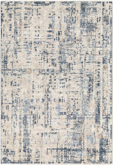 Close-up of the Dalama Area Rug. Contemporary design with dark gray, ivory, light gray, and navy abstract patterns. 100% Polyester. Design-Rectangle-579