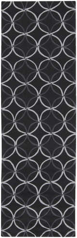 Close-up of the Delano Area Rug. Black rug with a light gray and charcoal interlocking circles pattern. Design-Runner-268