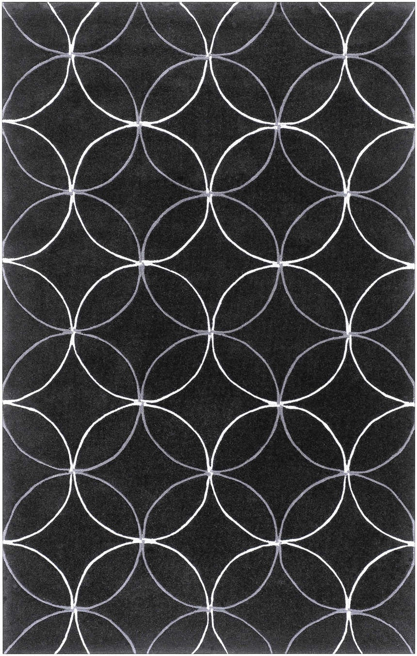 Close-up of the Delano Area Rug. Black rug with a geometric pattern of interlocking white and light gray circles. Design-Rectangle-58