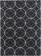 Close-up of the Delano Area Rug. Black rug with a light gray and white interlocking circle pattern. Contemporary style. Design-Rectangle-811