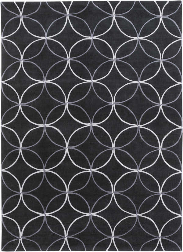 Close-up of the Delano Area Rug. Black rug with a light gray and white interlocking circle pattern. Contemporary style. Design-Rectangle-811