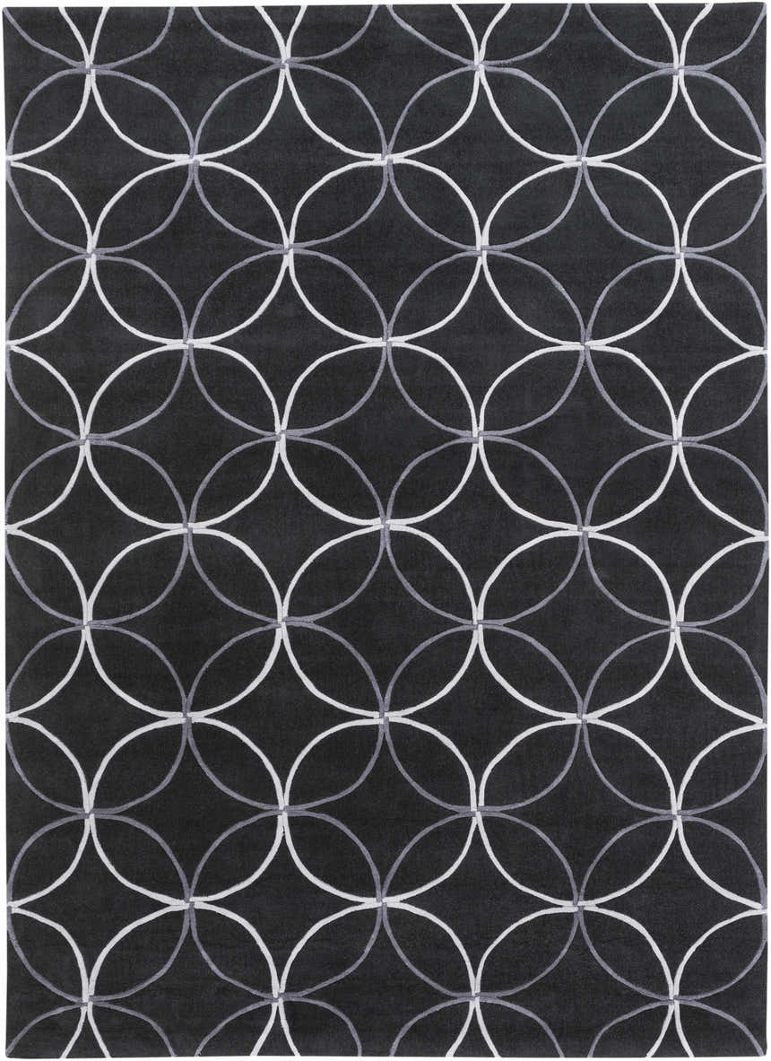 Close-up of the Delano Area Rug. Black rug with a light gray and white interlocking circle pattern. Contemporary style. Design-Rectangle-811