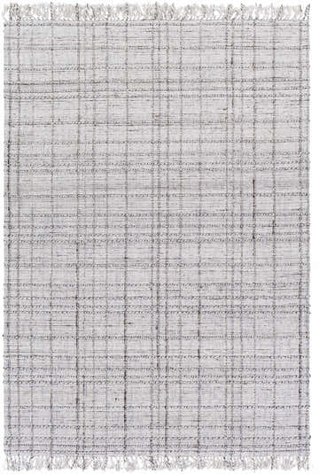 Close-up of the hand-loomed Delanco Area Rug. Dark brown, ivory, pale blue, and white plaid pattern with fringe. Design-Rectangle-576