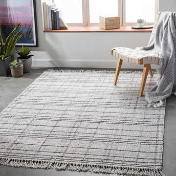 Bright room scene with a Delanco Area Rug in dark brown and ivory, styled with a chair and plants. Roomscene-Rectangle
