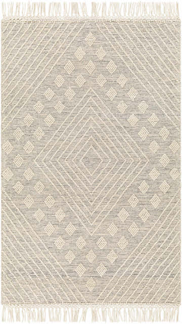 Close-up of a hand woven Dama Wool Rug with Tassels. Geometric diamond pattern in bone and gray. Farmhouse style. Design-Rectangle-58