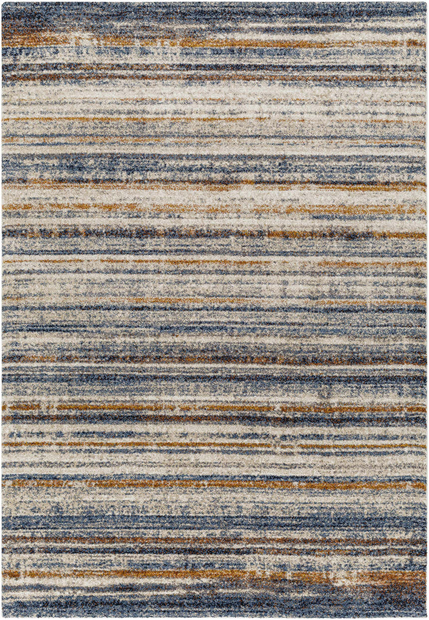 Close-up of the Dumaguil Thick Luxe Rug. Features horizontal stripes in blue, brown, cream, and beige tones. Design-Rectangle-5373