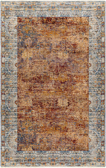 Close-up of the Demirci Area Rug, featuring a traditional beige, burnt orange, and blue oriental pattern. Design-Rectangle-582