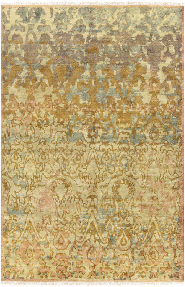 Close-up of the hand-knotted Duncansville Area Rug. Farmhouse style with aqua, brick red, and dusty pink floral patterns. Design-Rectangle-5686