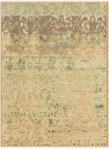 Close-up of the hand-knotted Duncansville Area Rug. Features aqua, brick red, and gray tones in a traditional farmhouse style. Design-Rectangle-86116