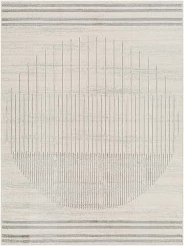 Close-up of the Dung Area Rug featuring a geometric gray circle and stripe pattern on a cream background. Design-Rectangle-537