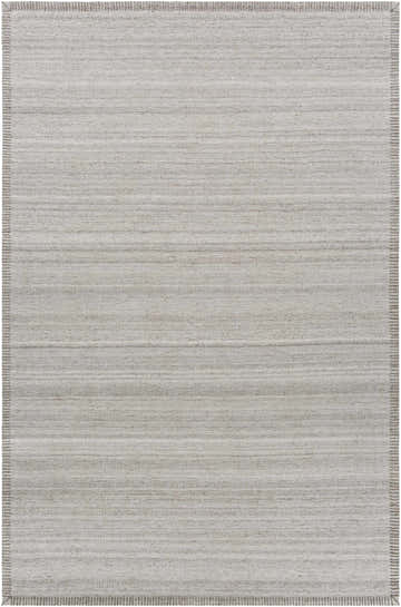 Close-up of the hand woven Denison Viscose Area Carpet. Cream, medium gray, and oatmeal hues with a subtle horizontal pattern. Design-Rectangle-576