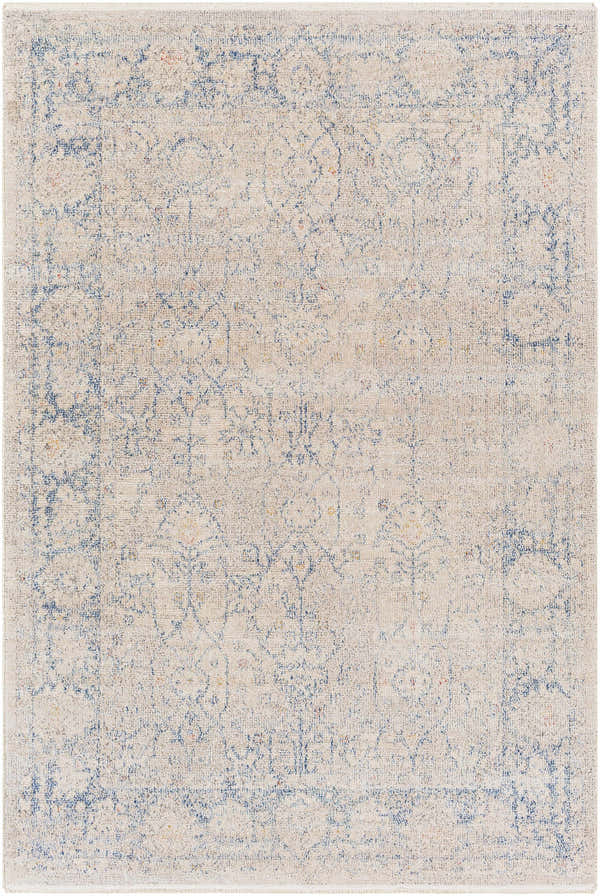 Close-up of Dian Area Rug. Traditional oriental design in dark blue and ivory. Machine woven polyester rug. Design-Rectangle-537