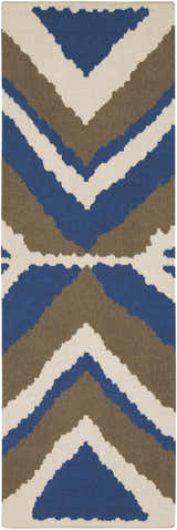 Close-up of the hand woven Doncaster Area Rug. Charcoal, dark blue, and light beige chevron pattern. 100% Wool. Design-Runner-268