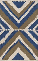 Close-up of the hand woven Doncaster Area Rug. Charcoal, dark blue, and light beige geometric pattern. 100% wool texture. Design-Rectangle-58