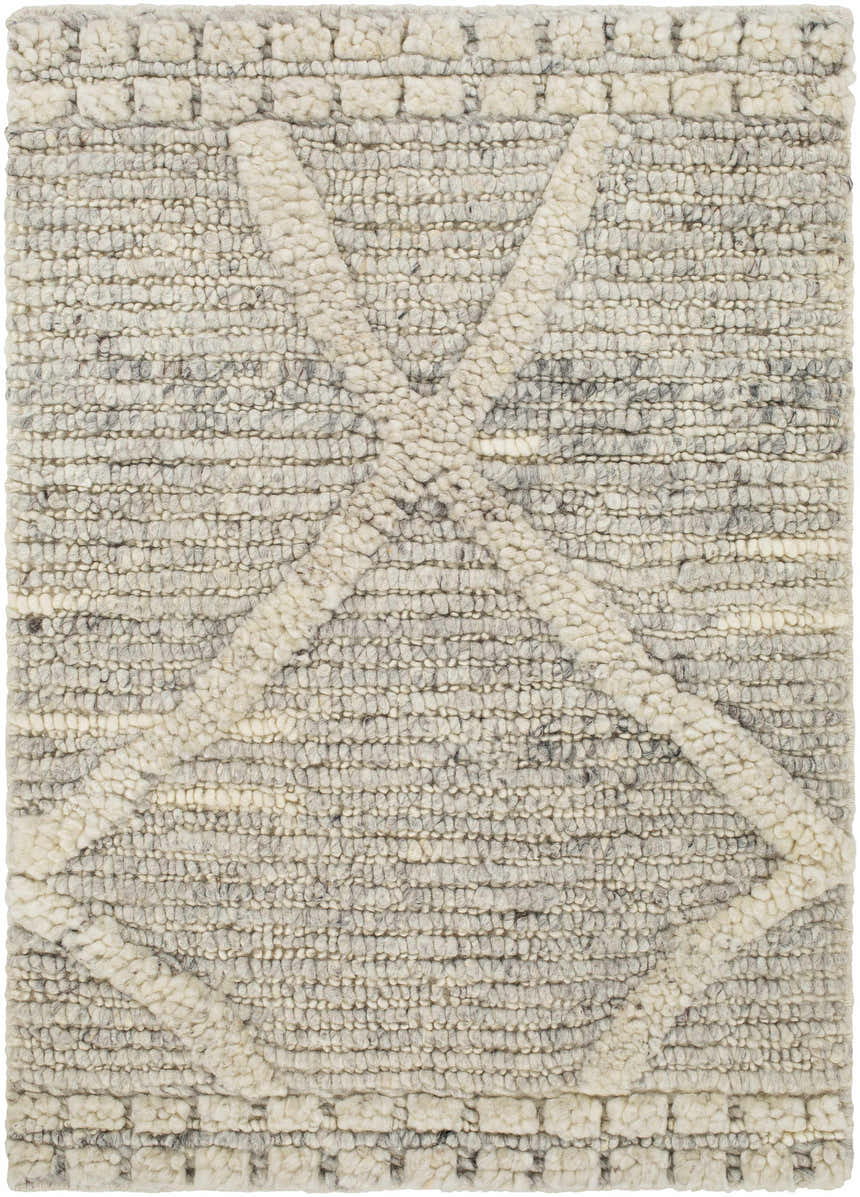 Close-up of the Donsol Area Carpet. Hand-woven wool rug in cream and gray with a geometric X pattern and textured design. Design-Rectangle-23