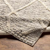 Close-up of the hand woven Donsol Area Carpet. The rug has a geometric pattern and neutral colors of cream, gray, and brown. Fold