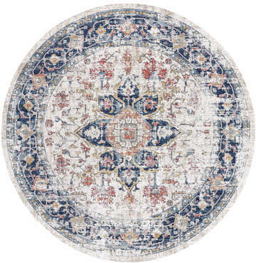 Round Dorval Traditional Rug with navy, cream, red, and tan oriental pattern. Farmhouse style rug. Design-Round-10