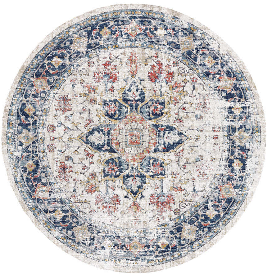 Round Dorval Traditional Rug with navy, cream, red, and tan oriental pattern. Farmhouse style rug. Design-Round-10