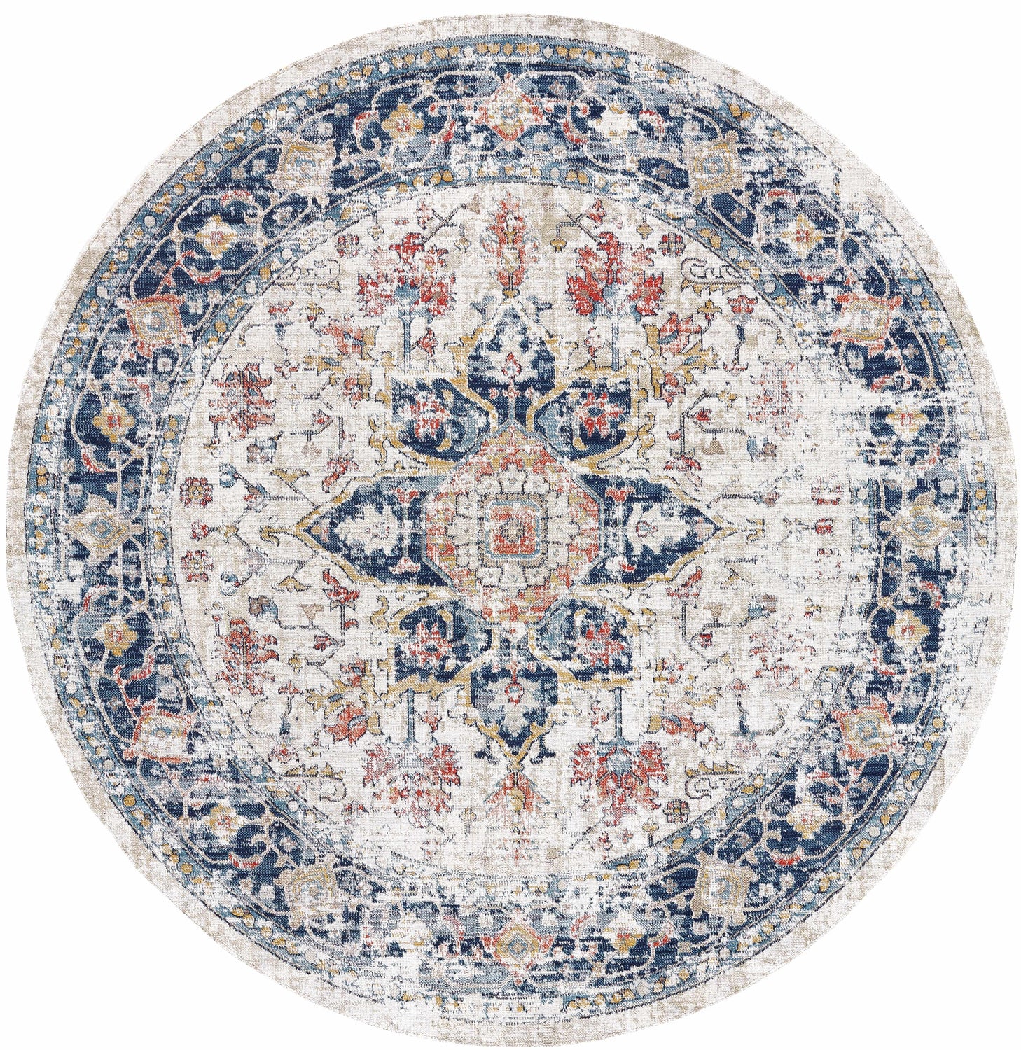 Round Dorval Traditional Rug with navy, cream, red, and tan oriental pattern. Farmhouse style rug. Design-Round-10