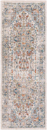 Close-up of the Dorval Traditional Rug, showcasing its brick red, cream, and denim oriental pattern. Design-Runner-2710
