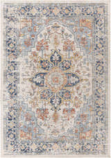 Close-up of the Dorval Traditional Rug, featuring a cream backdrop with brick red, denim, and navy floral and geometric patterns. Design-Rectangle-537