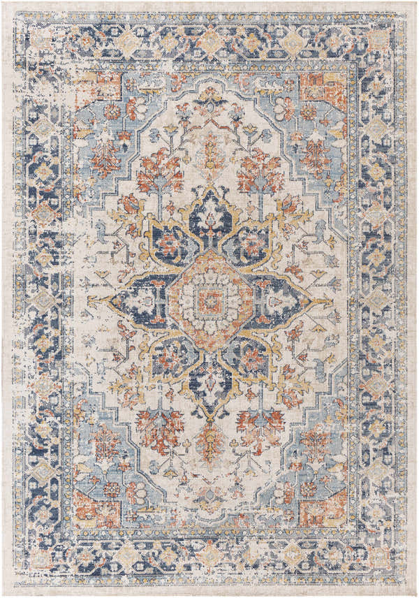 Close-up of the Dorval Traditional Rug, featuring a cream backdrop with brick red, denim, and navy floral and geometric patterns. Design-Rectangle-537