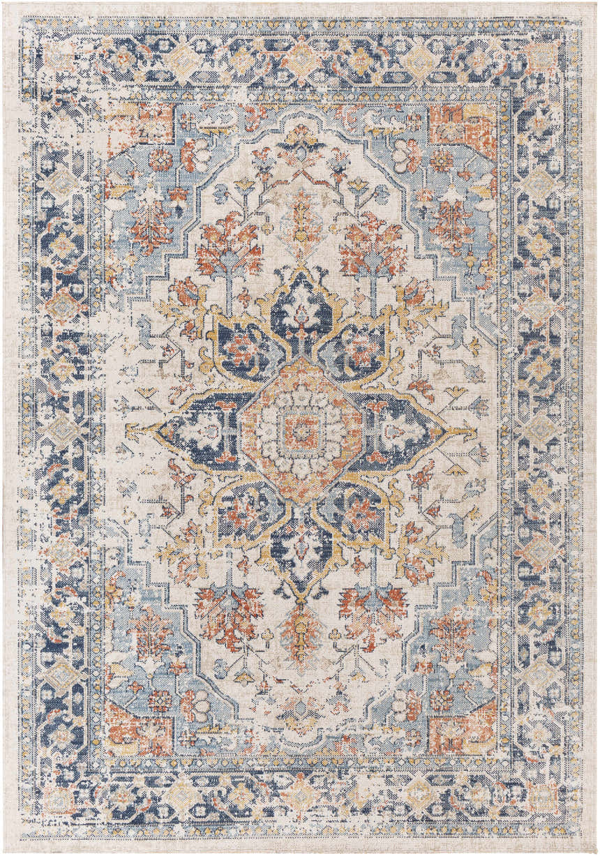 Close-up of the Dorval Traditional Rug, featuring a cream backdrop with brick red, denim, and navy floral and geometric patterns. Design-Rectangle-537