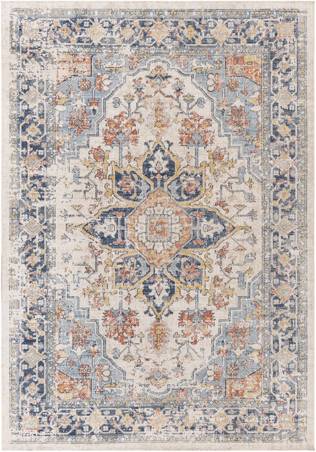 Close-up of the Dorval Traditional Rug, featuring a cream backdrop with brick red, denim, and navy floral and geometric patterns. Design-Rectangle-537