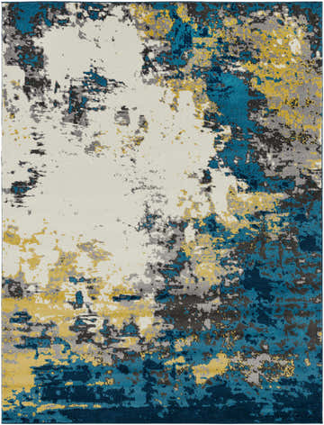 Close-up of the Dover Area Rug featuring a contemporary abstract pattern in cream, teal, navy, gray, and mustard. Design-Rectangle-71110
