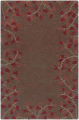 Close-up of the Dovercourt Clearance Rug, a brown wool rug with a brick red and dark red leaf pattern border. Design-Rectangle-23