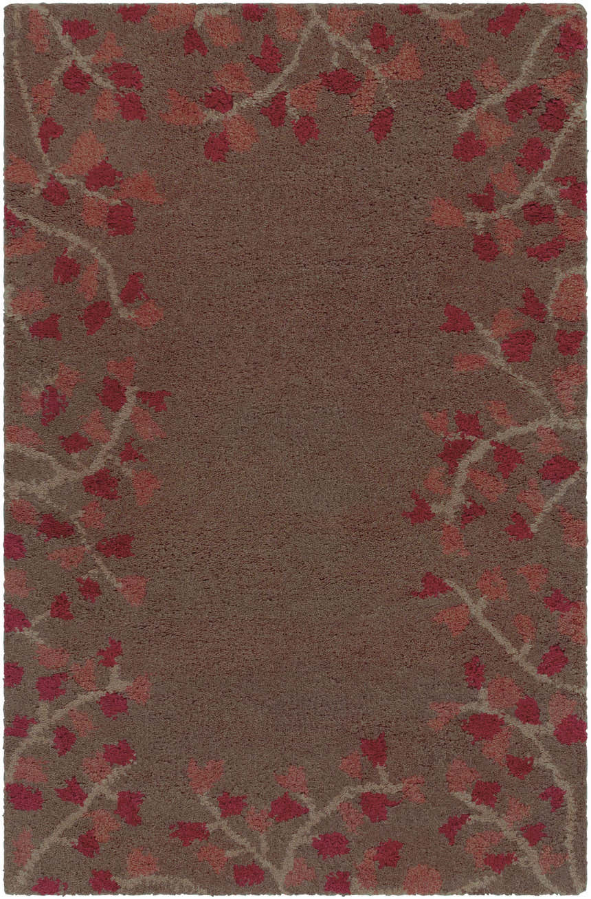 Close-up of the Dovercourt Clearance Rug, a brown wool rug with a brick red and dark red leaf pattern border. Design-Rectangle-23