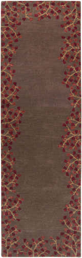 Close-up of the wool Dovercourt Clearance Rug. Features a brown center with brick red and mustard leaf pattern border. Design-Runner-268