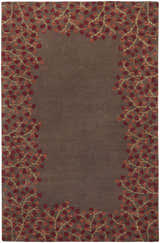 Dovercourt Clearance Rug with a dark brown center and a red and mustard leaf pattern border. Design-Rectangle-58