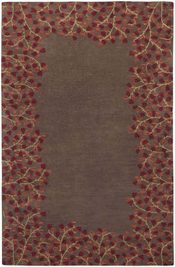 Dovercourt Clearance Rug with a dark brown center and a red and mustard leaf pattern border. Design-Rectangle-58