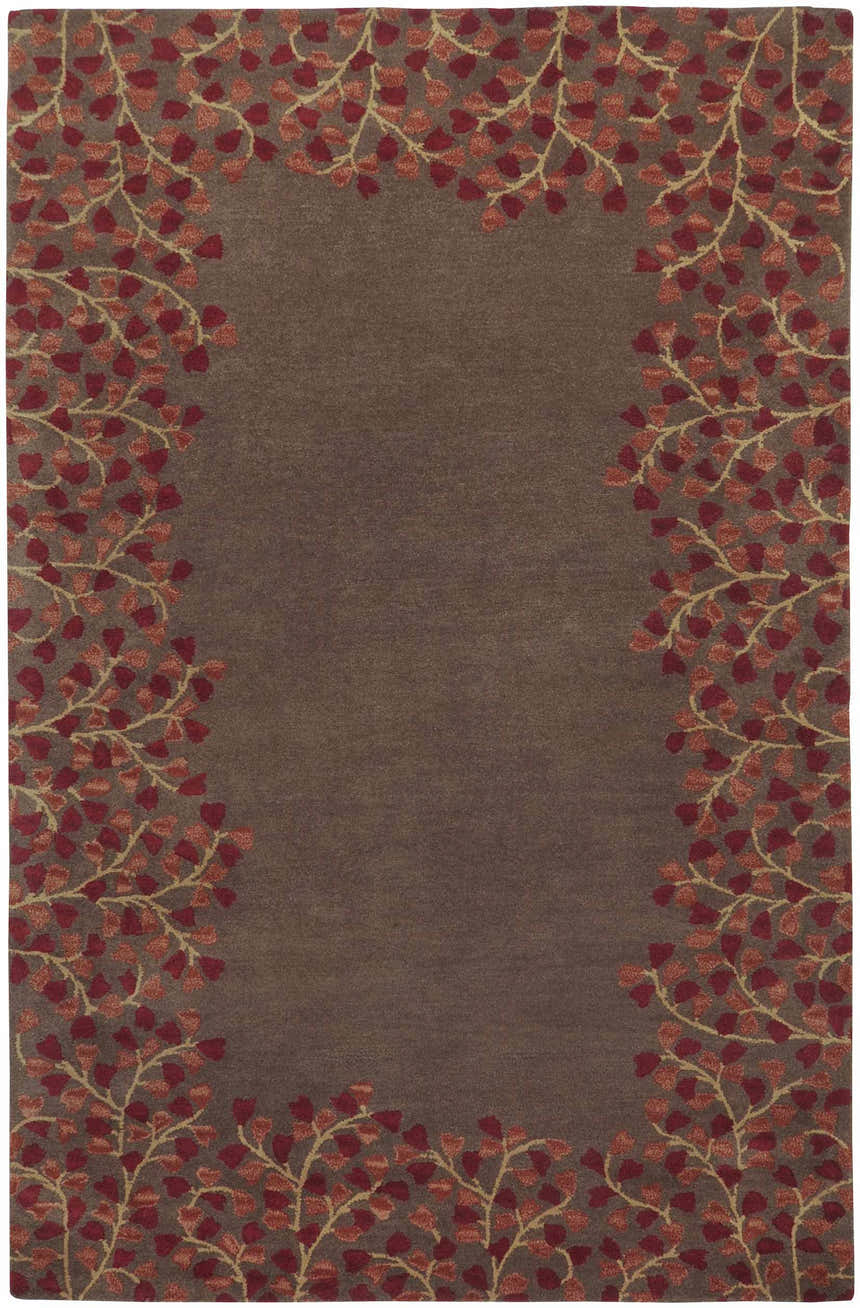 Dovercourt Clearance Rug with a dark brown center and a red and mustard leaf pattern border. Design-Rectangle-58