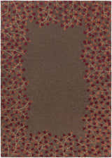 Close-up of the wool Dovercourt Clearance Rug featuring a brick red leaf pattern on a dark brown background. Design-Rectangle-811