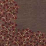 Close-up of the Dovercourt Clearance Rug, featuring a brick red leaf pattern on a dark brown wool background. Swatch