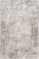 Close-up of the Dowell Luxe Textured Area Rug. Abstract pattern in shades of gray, off-white, and mustard. Design-Rectangle-6796