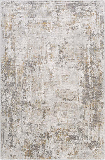 Close-up of the Dowell Luxe Textured Area Rug. Abstract pattern in shades of gray, off-white, and mustard. Design-Rectangle-6796